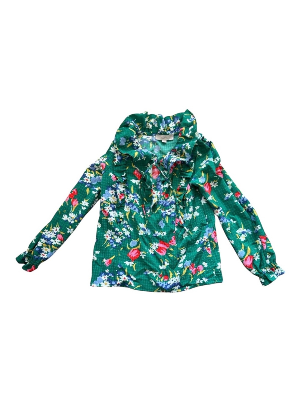 Loft green floral ruffle tie-neck blouse- Size XXSP